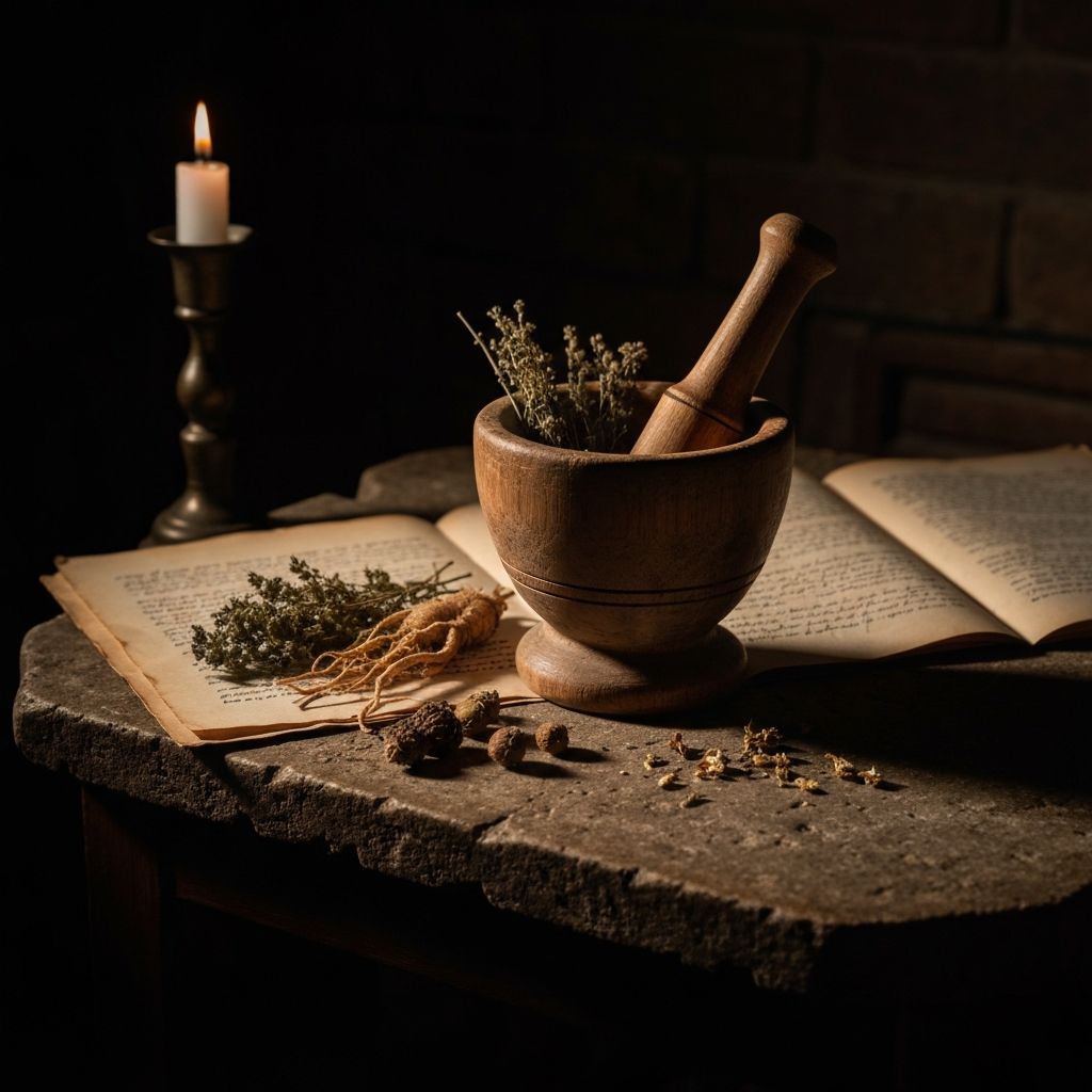 Peralatan herbal kuno dengan manuskrip tua dan dedaunan kering