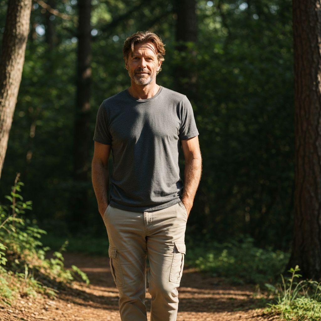 Pria matang berjalan di jalur hutan yang tenang