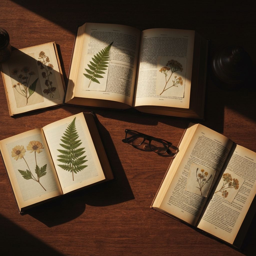 Buku penelitian terbuka dengan spesimen botani di meja kayu gelap